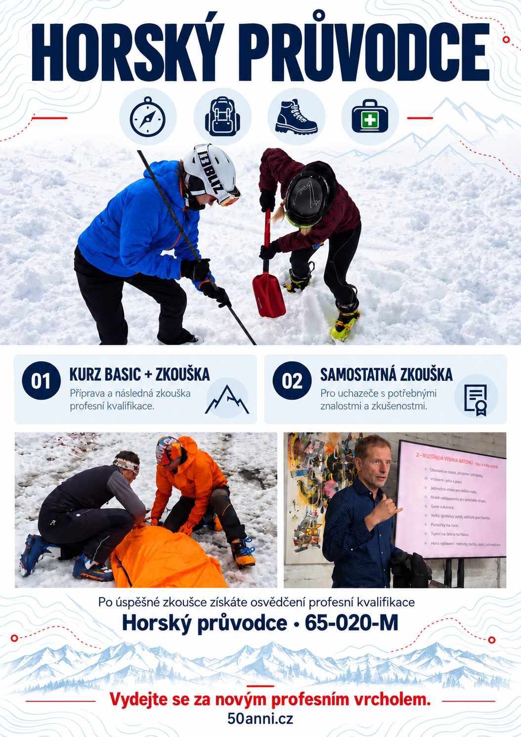 horský průvodce s outdoorovými ikonami